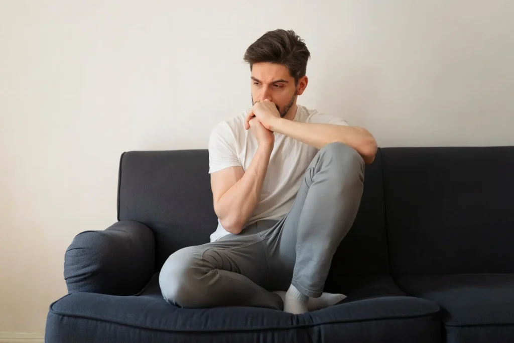 Man experiencing stress and symptoms related to andrology conditions in Birmingham