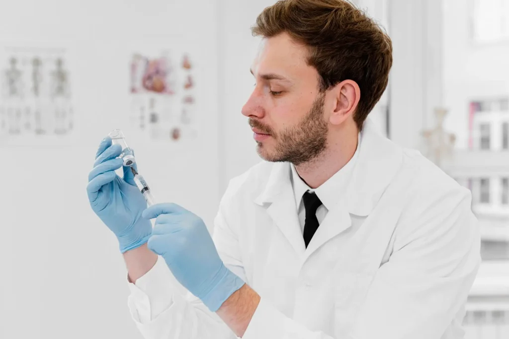 Doctor preparing hormone therapy injection for andrology treatment in Birmingham