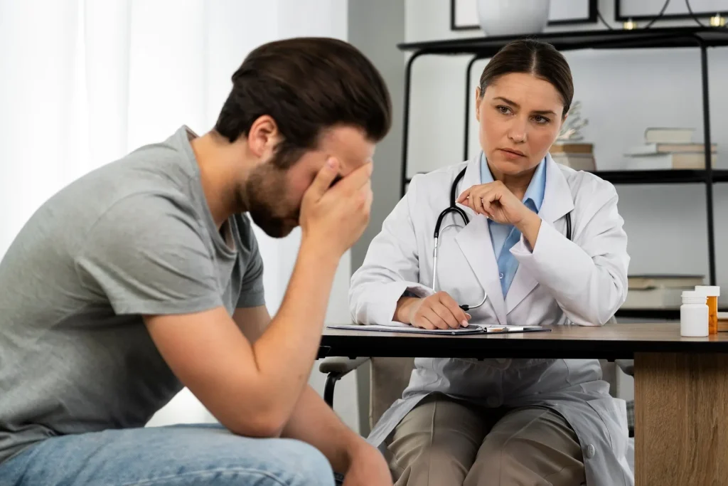 Doctor discussing sensitive men’s health and urology concerns with a patient during a private consultation